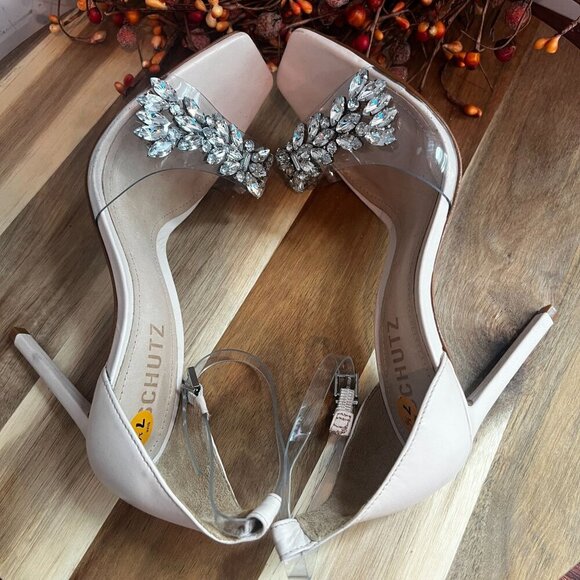 Schutz Vinyl Crystal-Embellished Stiletto Heel Sandal Sz 7.5B Mild Rose Ankle - Picture 7 of 14